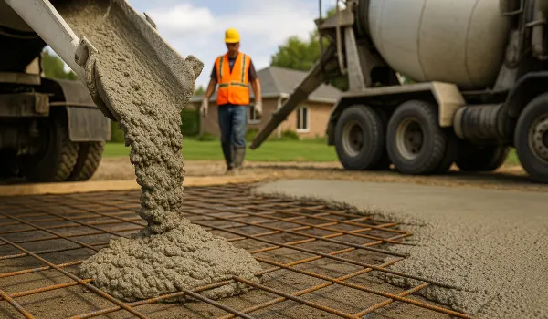 Cement truck pouring cement on a rebared ground from DHB Concrete Contractor Fort Worth in Arlington, TX - Arlington TX