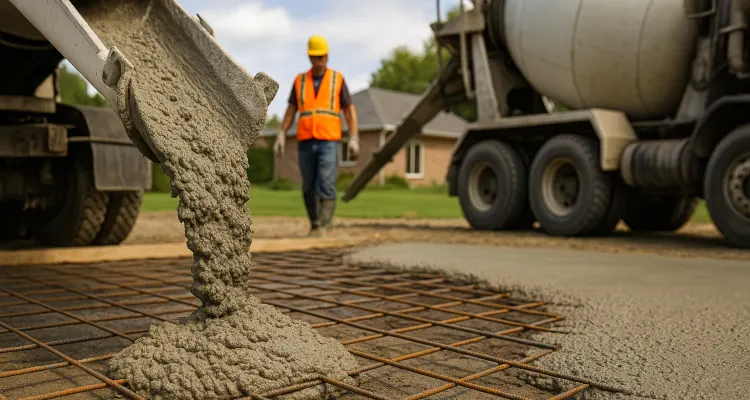 Cement truck pouring cement on a rebared ground from DHB Concrete Contractor Fort Worth in Arlington, TX - Arlington TX