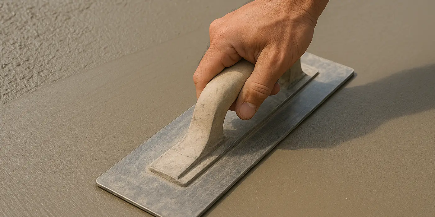 a hand trowel being used on a fresh cement slab to smooth it from DHB Concrete Contractor Fort Worth in Fort Worth, TX - Concrete Patio Services