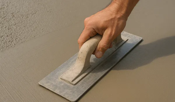 a hand trowel being used on a fresh cement slab to smooth it from DHB Concrete Contractor Fort Worth in Fort Worth, TX - Concrete Patio Services