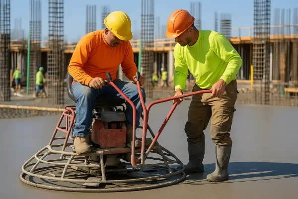 2 men using a machine to finish a concrete slab foundation from DHB Concrete Contractor Fort Worth in Fort Worth, TX - Concrete slab foundation 2 men using a machine to finish a concrete slab foundation from DHB Concrete Contractor Fort Worth in Fort Worth, TX - Concrete slab foundation