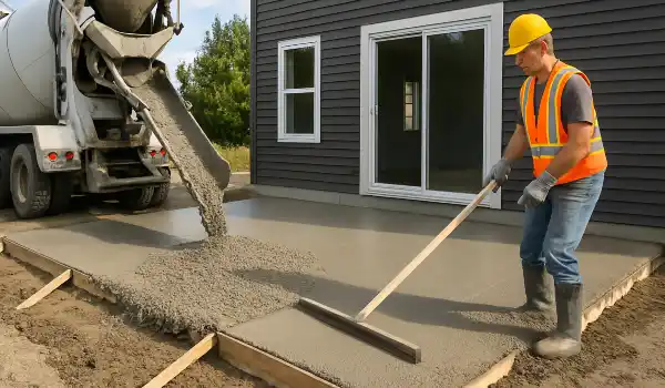 a man spreading the cement a truck is pouring to build a patio from DHB Concrete Contractor Fort Worth in Forest Hill, TX - Forest Hill TX