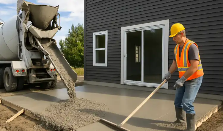a man spreading the cement a truck is pouring to build a patio from DHB Concrete Contractor Fort Worth in Forest Hill, TX - Forest Hill TX