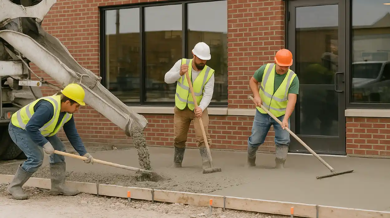 3 concrete contractors spreading concrete on the ground for a sidewalk from DHB Concrete Contractor Fort Worth in Haltom City, TX - Haltom City TX