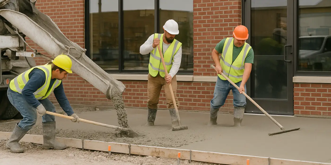 3 concrete contractors spreading concrete on the ground for a sidewalk from DHB Concrete Contractor Fort Worth in Haltom City, TX - Haltom City TX