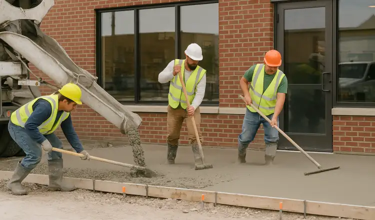 3 concrete contractors spreading concrete on the ground for a sidewalk from DHB Concrete Contractor Fort Worth in Haltom City, TX - Haltom City TX