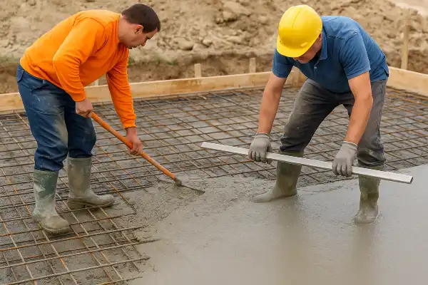 2 workers spreading fresh cement on a rebared ground from DHB Concrete Contractor Fort Worth in Keller, TX - Keller TX 2 workers spreading fresh cement on a rebared ground from DHB Concrete Contractor Fort Worth in Keller, TX - Keller TX