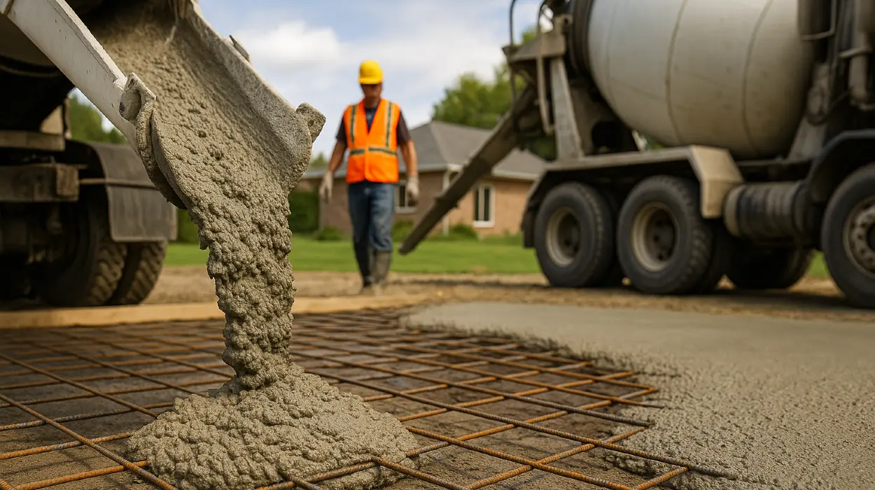 Cement truck pouring cement on a rebared ground from DHB Concrete Contractor Fort Worth in Fort Worth, TX - stamped concrete services